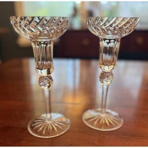 Vintage Cut Crystal Candlestick Holders Pair Swirl Top Starburst Base 8"
